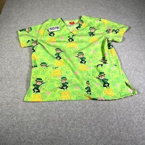 Lucky Charms Scrub Top Womens Medium Green All Over Print Leprechaun Nursing